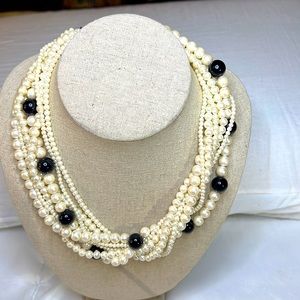 White pearls with blue beading multiple strands vintage